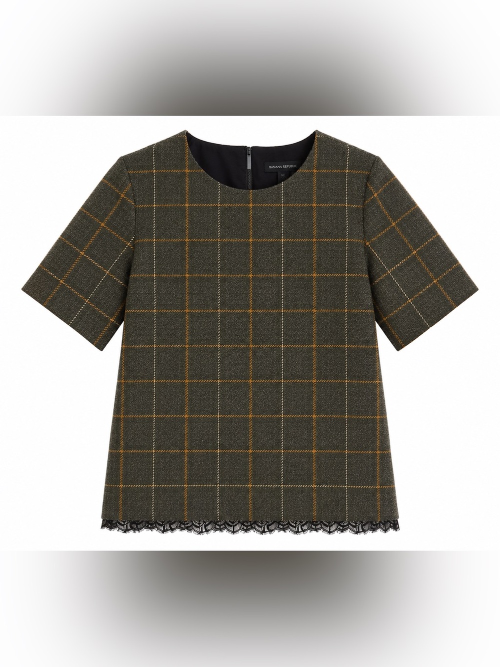 Banana Republic Windowpane Plaid Short Sleeve Knit Top XS Gray Mustard Lace Hem